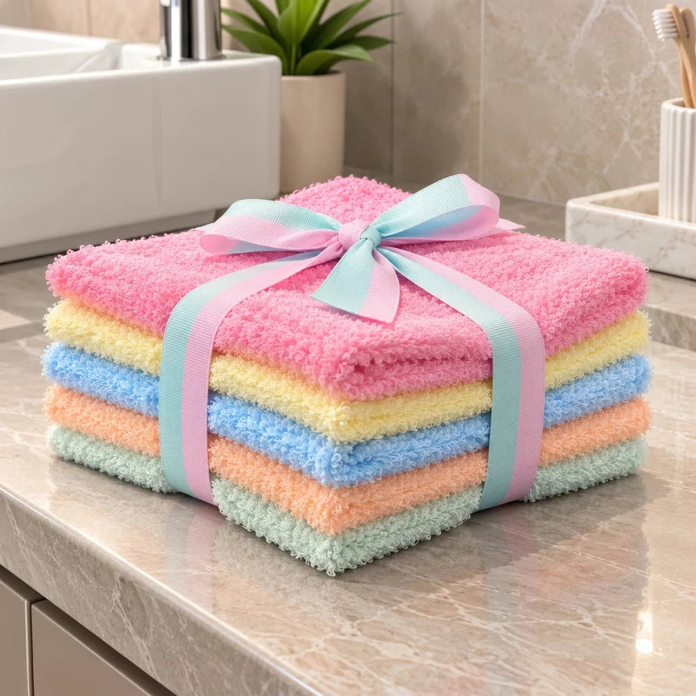 5-Piece mixed colour face towel set in soft pastel tones (pink, yellow, blue, peach, mint), each 30x30cm, neatly stacked.