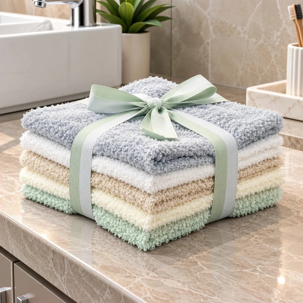 5-Piece mixed colour face towel set (30x30cm) in pastel tones, soft cotton plush, neatly bundled with a ribbon for easy