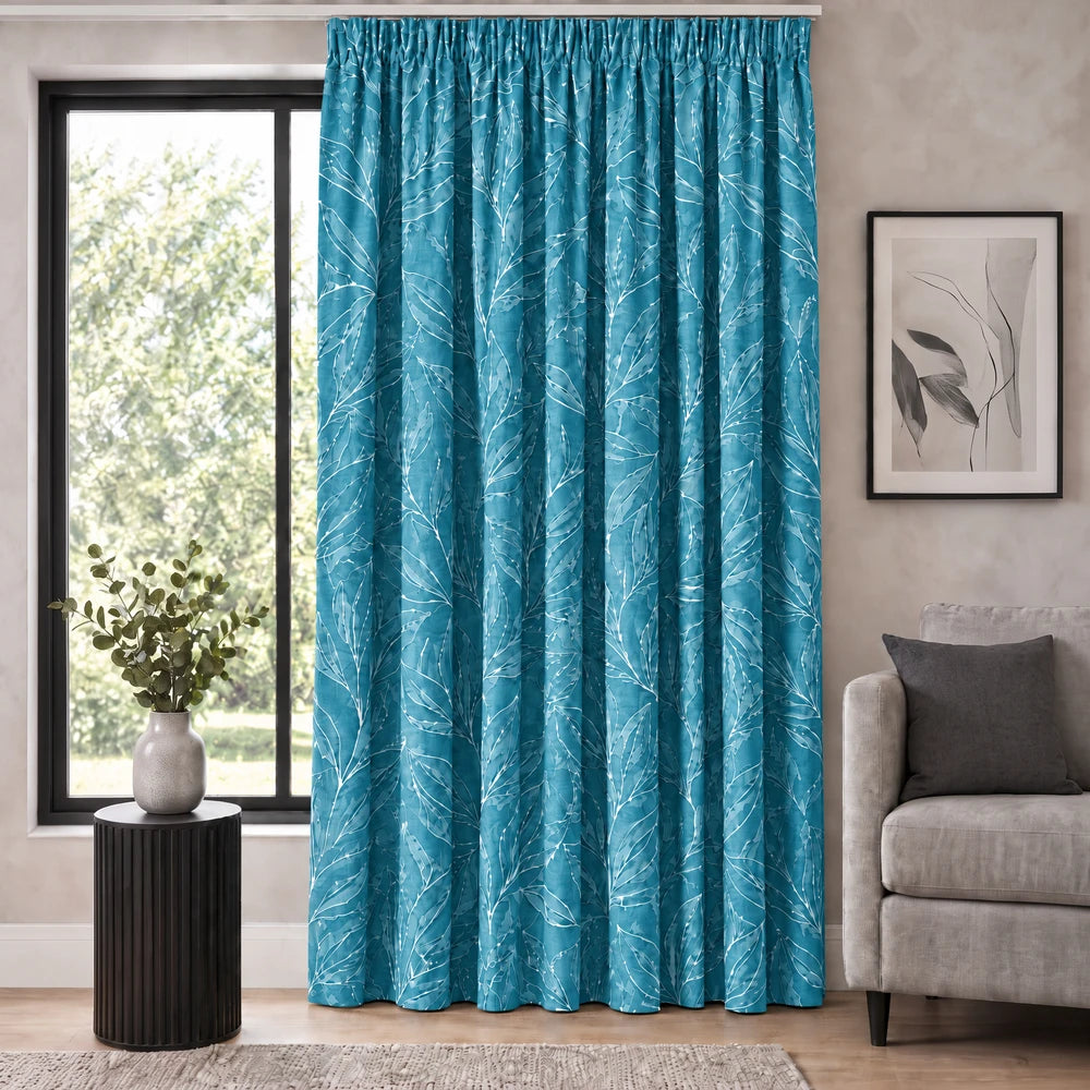 Modern Leaf Paste Print Taped Lined Curtain in teal with white leaf pattern, suitable for living room.