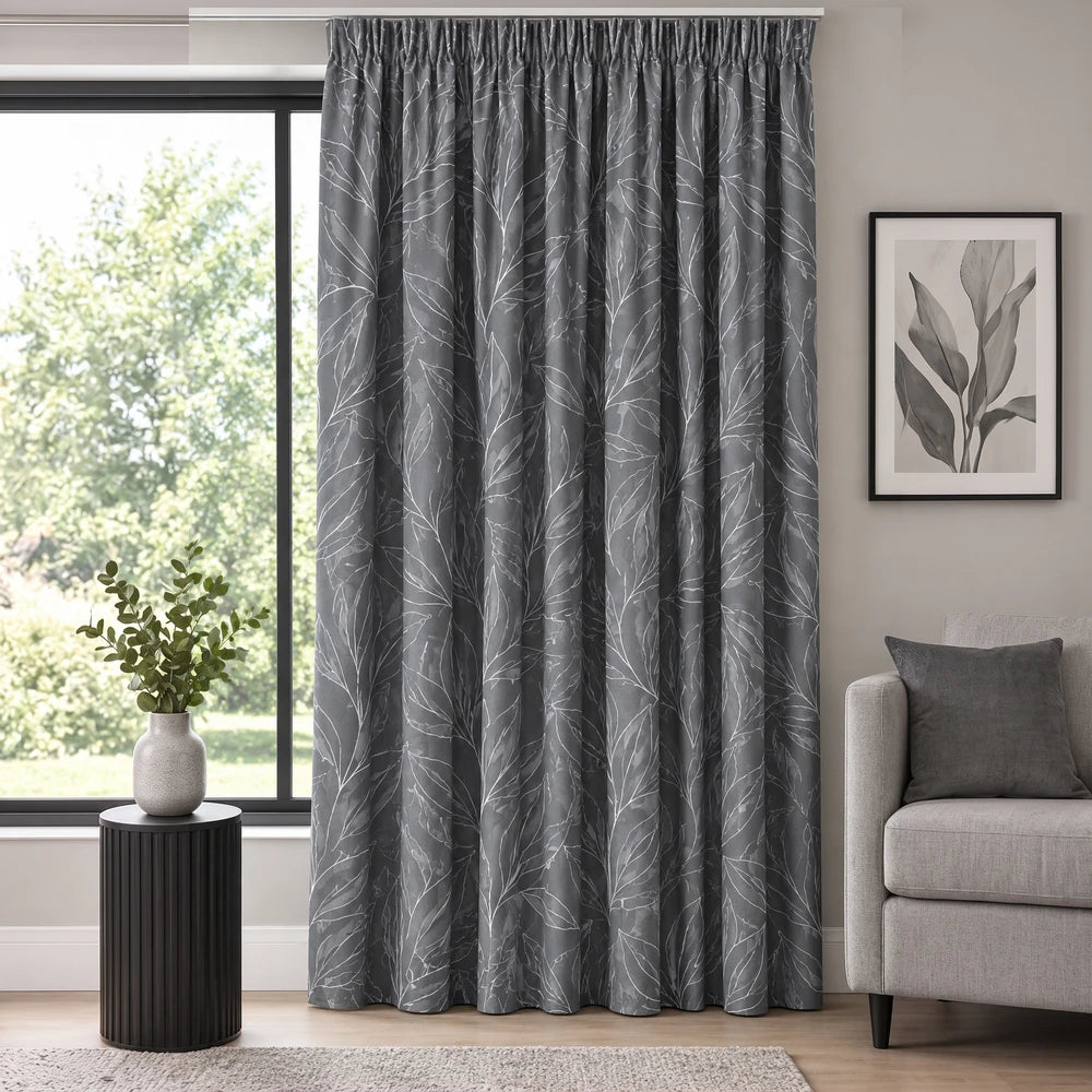 Modern Leaf Paste Print Taped Lined Curtain in charcoal gray with white leaf pattern, provides room-darkening drape and