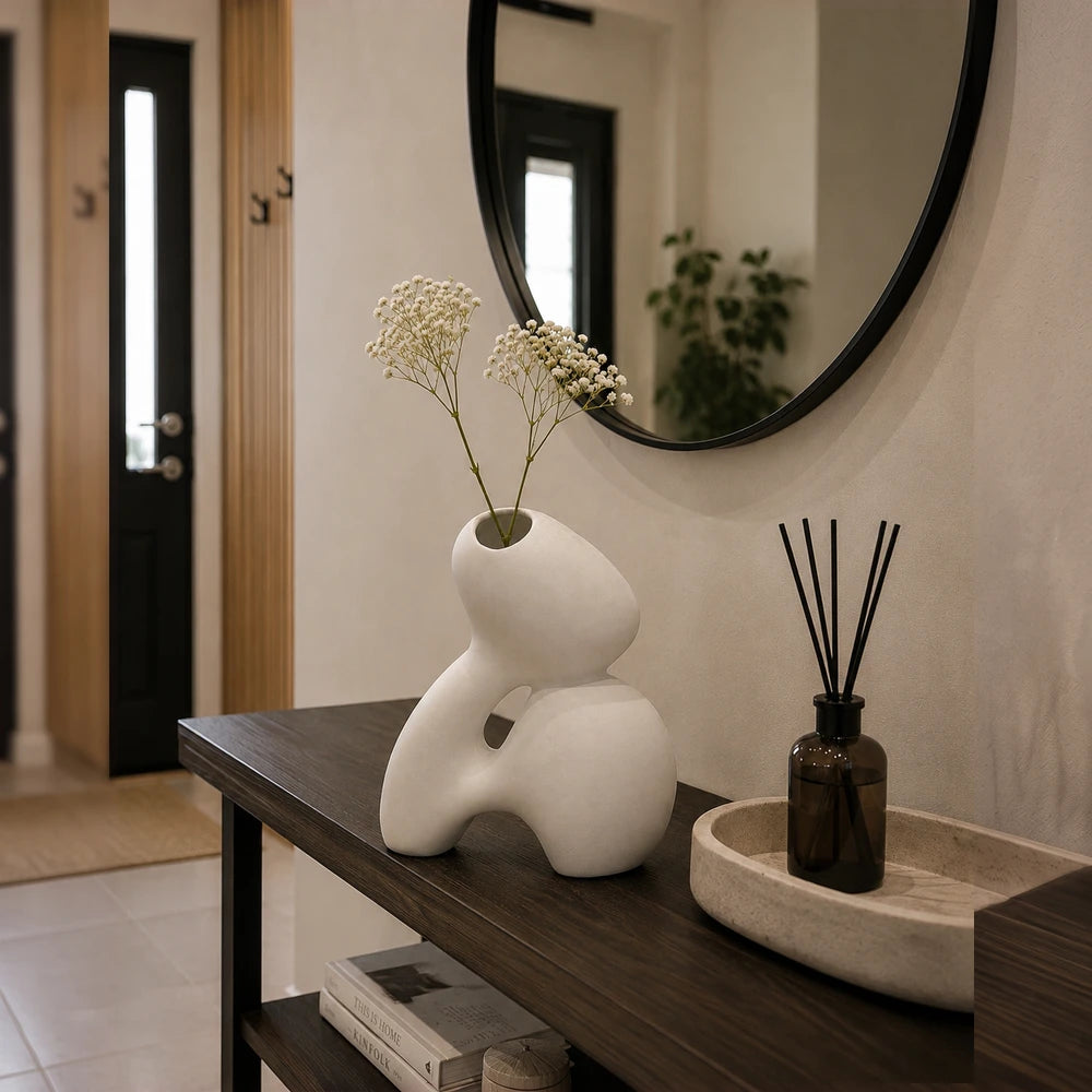 Modern white abstract ceramic vase with sculptural curves holding delicate white flowers.