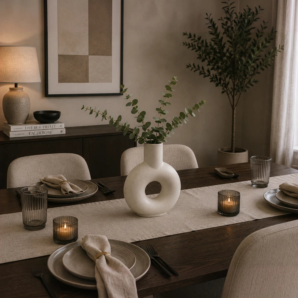 Modern white ceramic oval donut vase with a circular hollow center, placed on a dining table with green stems.