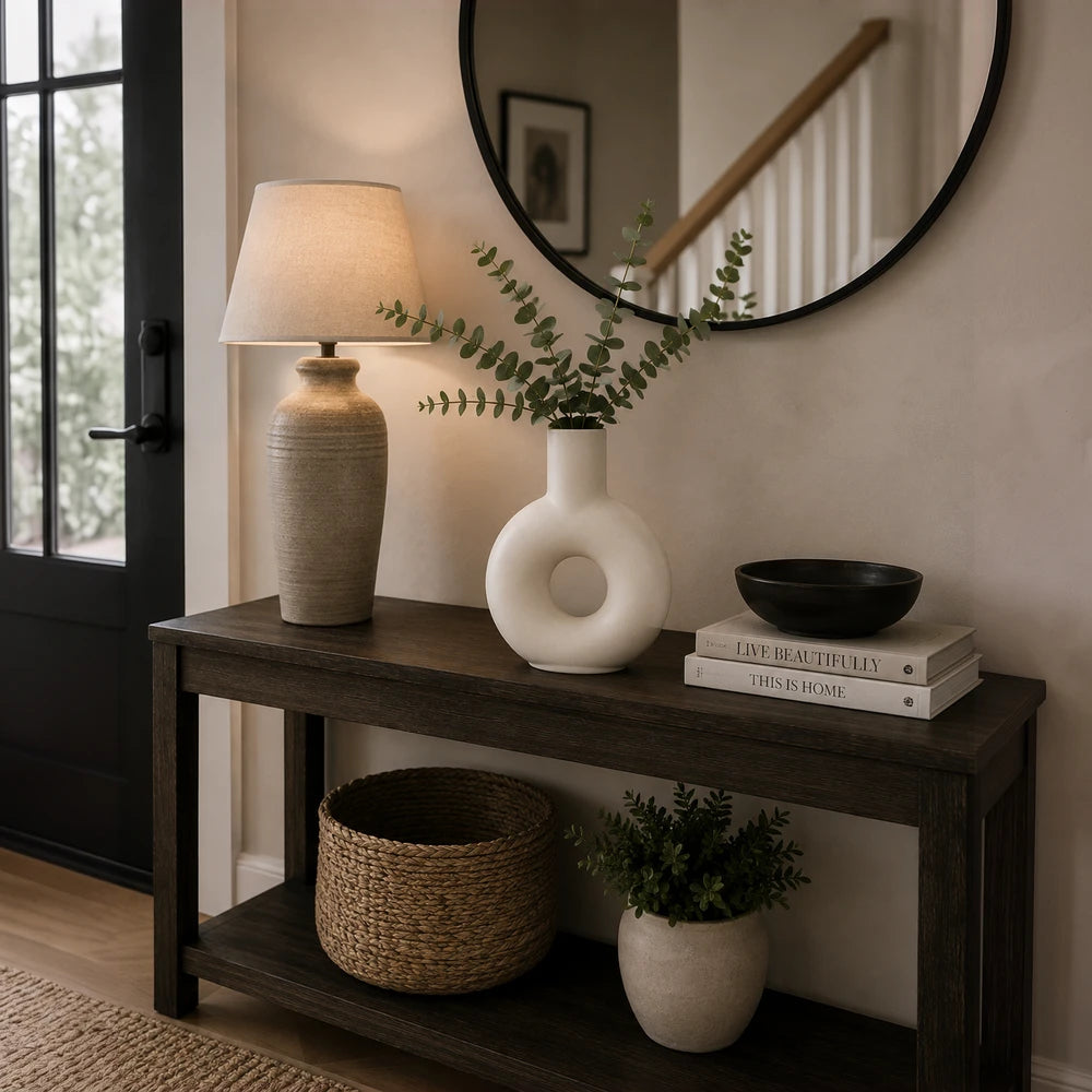 Modern White Ceramic Oval Donut Vase on a dark wood console with greenery, showcasing its circular hollow center.
