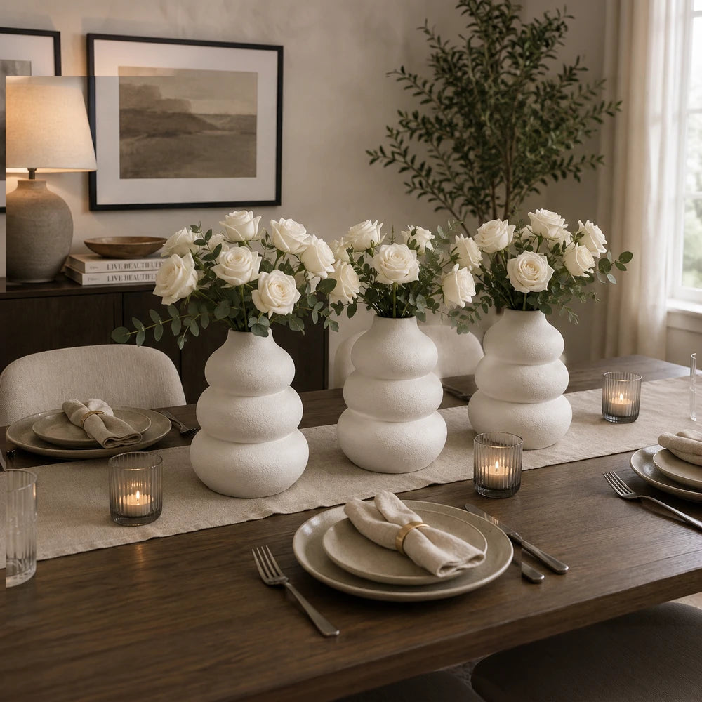 Modern white ceramic stacked pebble vase set of three with textured finish, designed to hold bouquets of white roses and