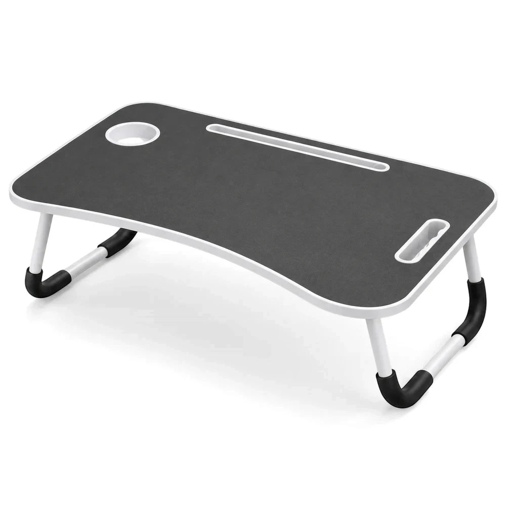 Multi-Functional Foldable Laptop Table and Serving Tray with dark gray surface, cup holder, and sliding slot for accessories