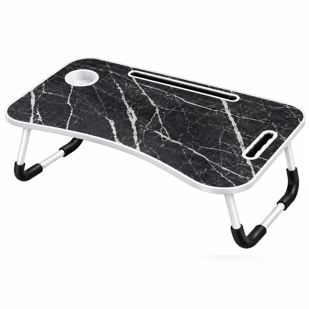 Multi-Functional Foldable Laptop Table & Serving Tray featuring a black marble top, white foldable legs, and a built-in cup