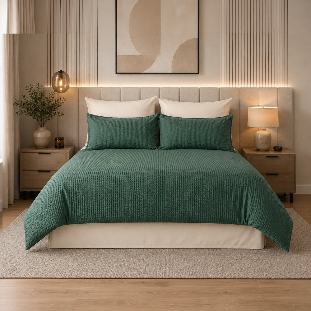 Pierre Cardin Bubble Embossed Duvet Cover Set in hunter green with a textured bubble pattern on a neatly made bed.