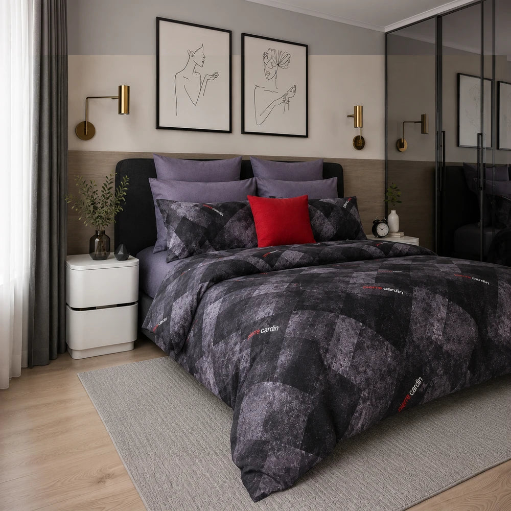 3 Piece Pierre Cardin Comforter set in dark gray and purple geometric pattern with lilac pillow shams and a red accent