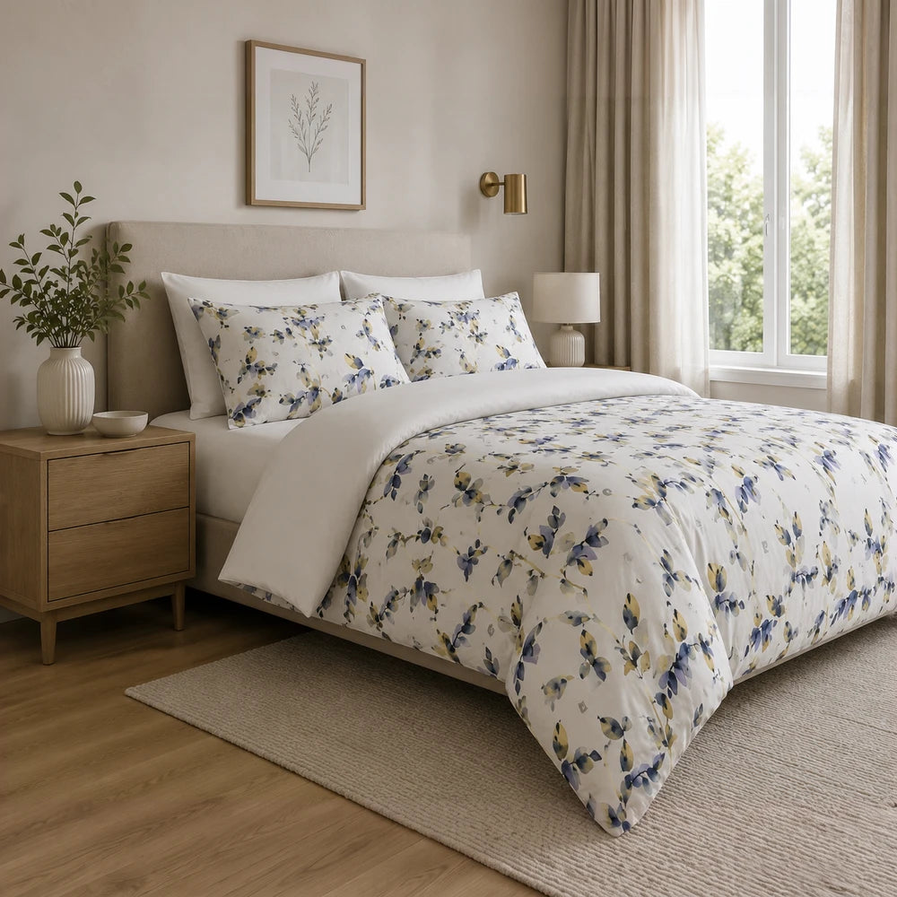3 Piece Pierre Cardin Comforter with cream floral print in blue and yellow, shown on a neatly made bed.