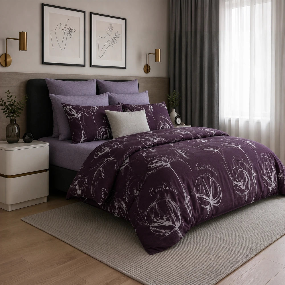 3 Piece Pierre Cardin Comforter set in deep purple with white floral sketches and matching pillows