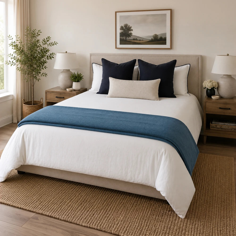 Pierre Cardin Corduroy Sherpa Throw in blue, shown on a bed with white linens and navy cushions for a cozy, neutral bedroom