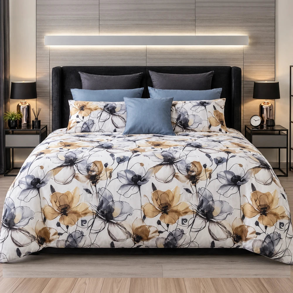 Pierre Cardin Duvet Cover Set Fiona Floral with white background and blue and mustard floral pattern.