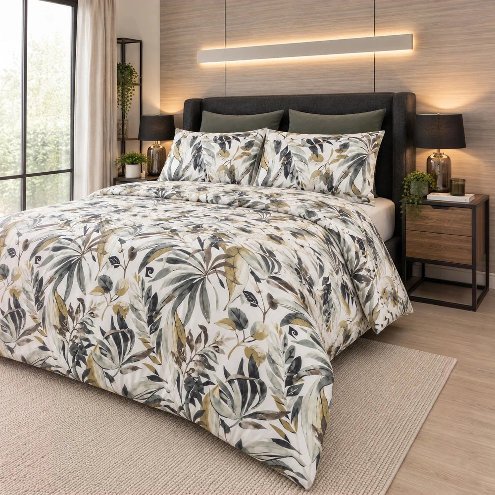 Pierre Cardin Duvet Cover Set - Harmony Leaves with a botanical leaf print in neutral greens, grays and creams.