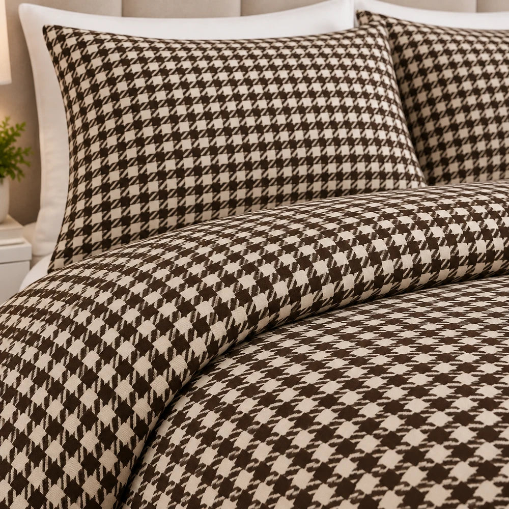 3Pc Pierre Cardin Printed Houndstooth Quilt set in brown and cream with matching shams for a coordinated bedroom look.