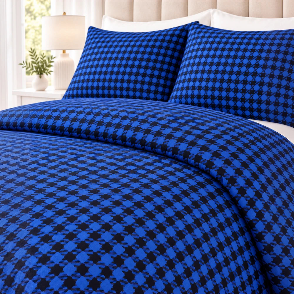 3Pc Pierre Cardin printed houndstooth quilt set in blue and black with matching pillow shams, close view