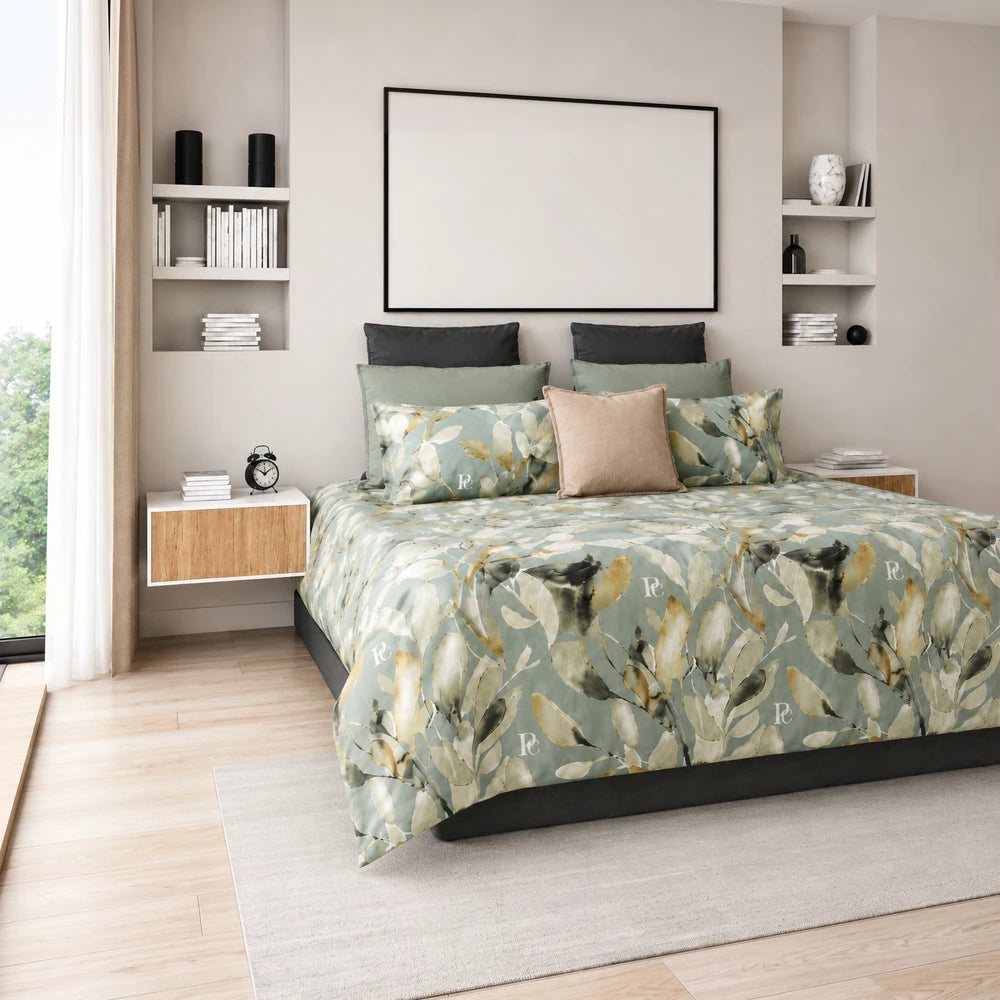 Pierre Cardin Microfibre Duvet Cover Set, Aralin Leaves pattern with green botanical leaves on teal fabric