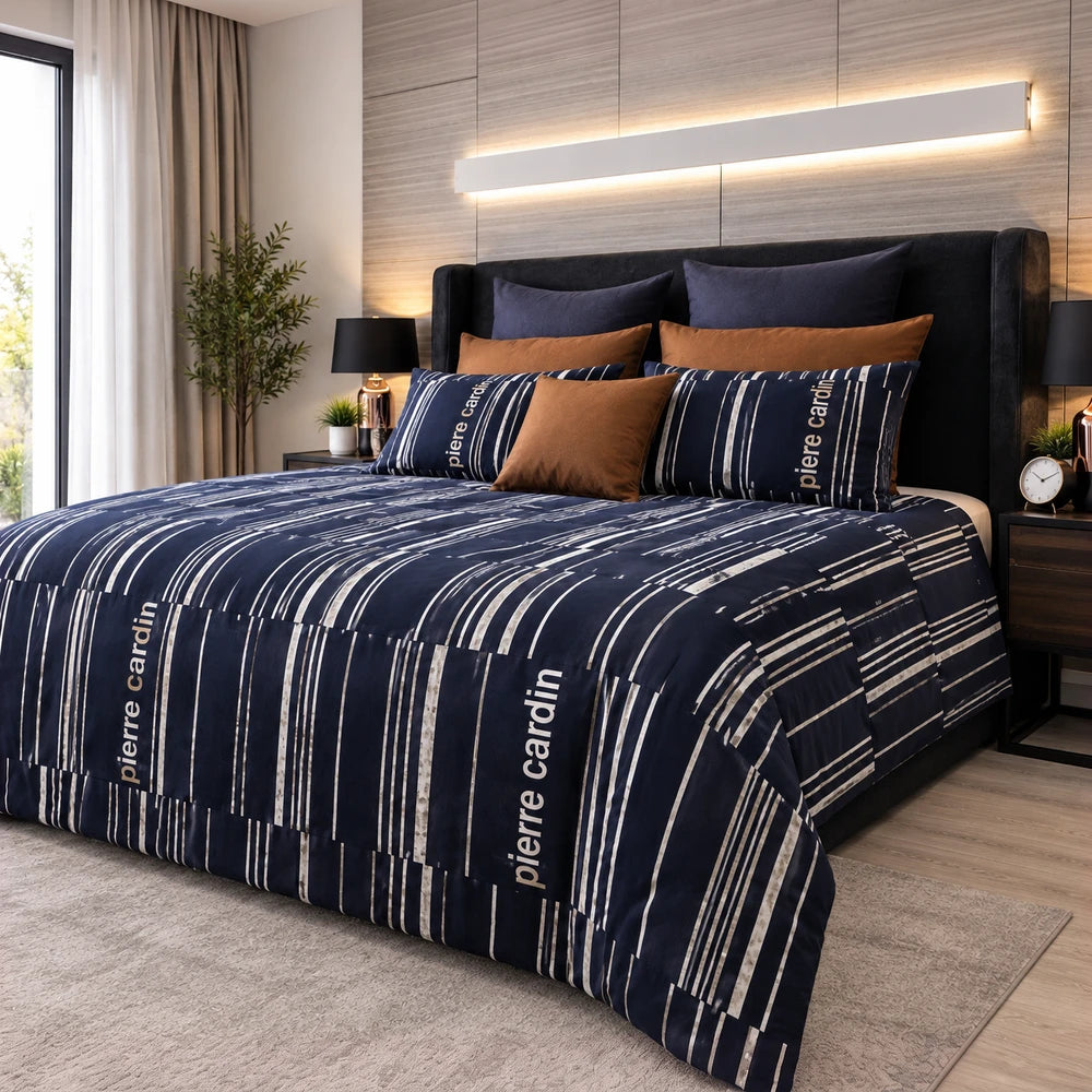 Pierre Cardin Microfibre Duvet Cover Set in navy with white block stripe pattern and matching pillowcases.