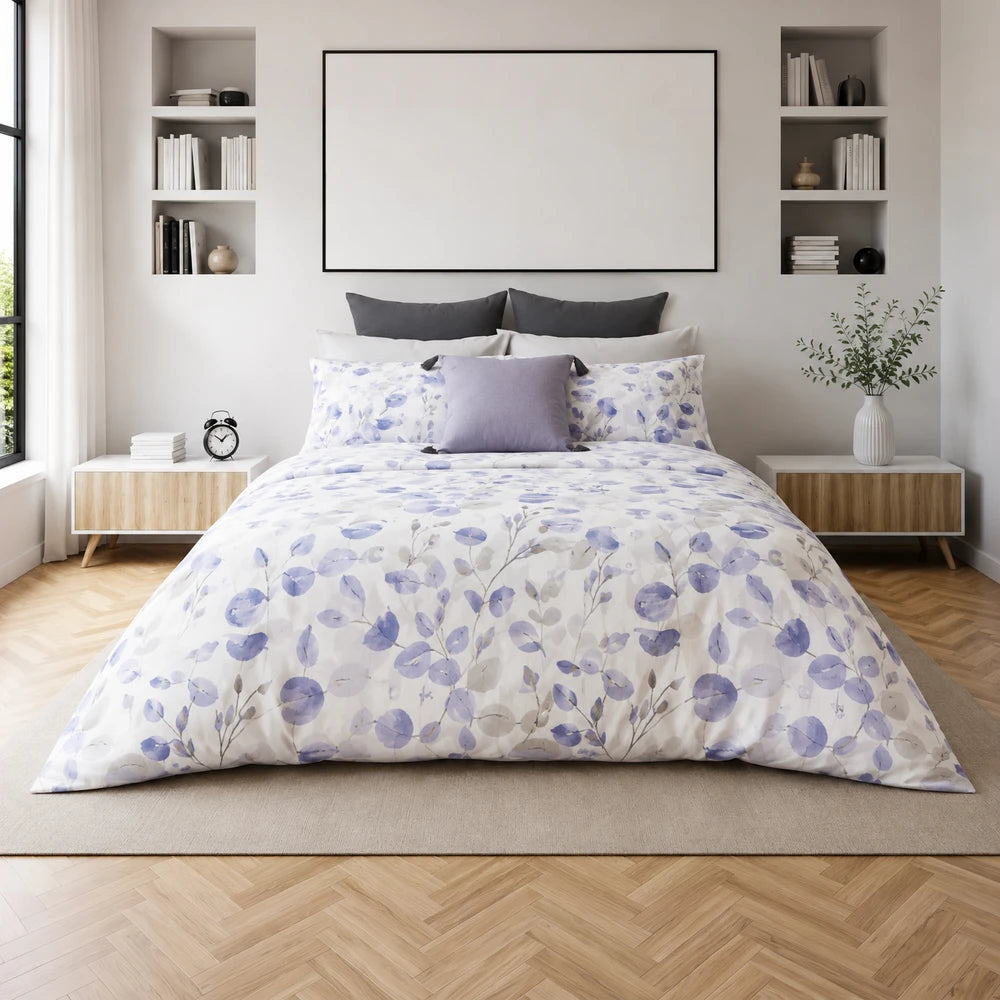 Pierre Cardin Microfibre Duvet Cover Set Kaylee Leaf with lavender botanical print and matching pillowcases