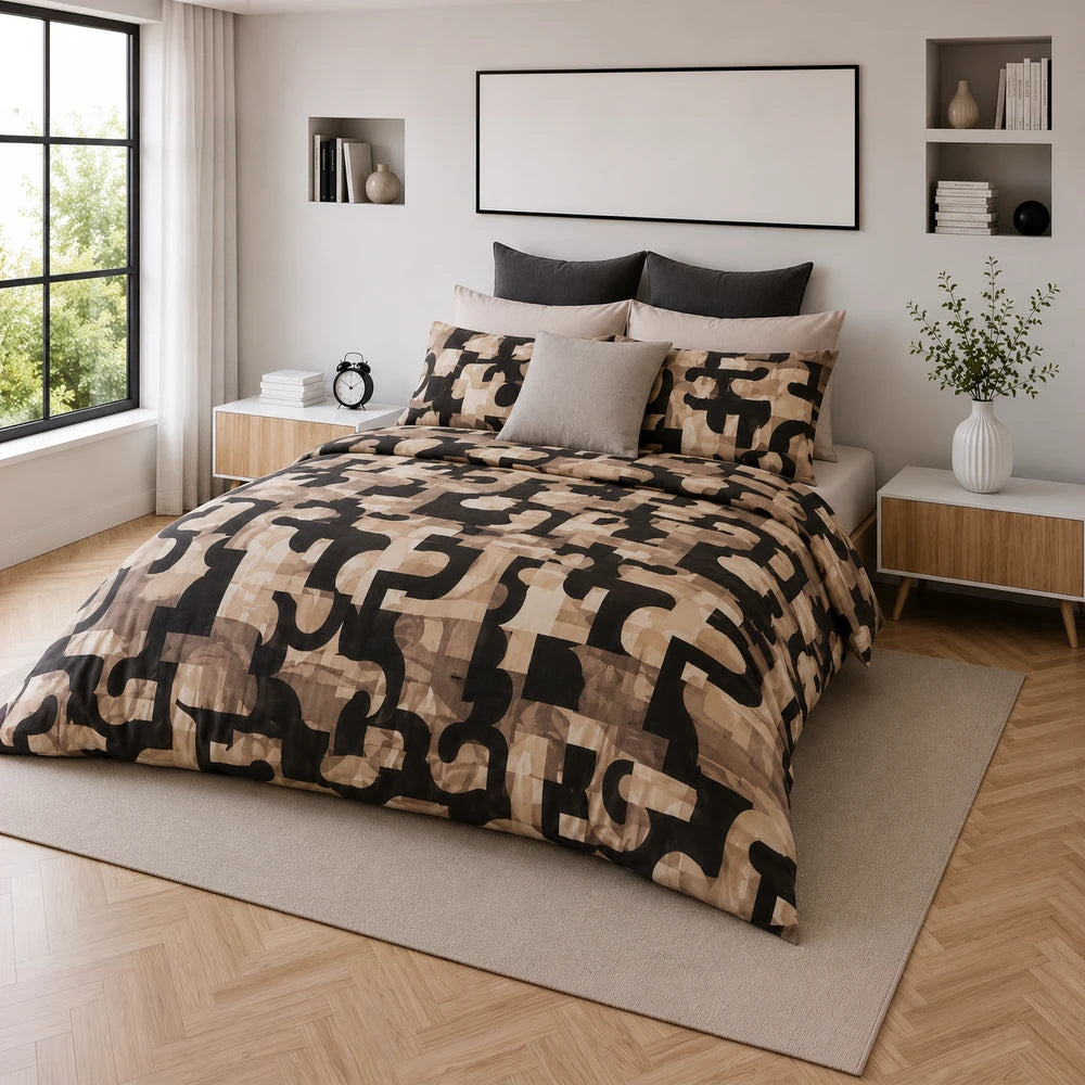 Pierre Cardin Microfibre Duvet Cover Set - Leighton in beige and black geometric pattern with soft microfibre fabric on bed
