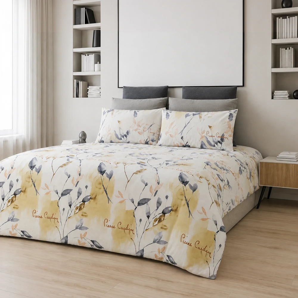 Pierre Cardin Microfibre Duvet Cover Set Peyton in a soft yellow and gray floral design with matching pillowcases.