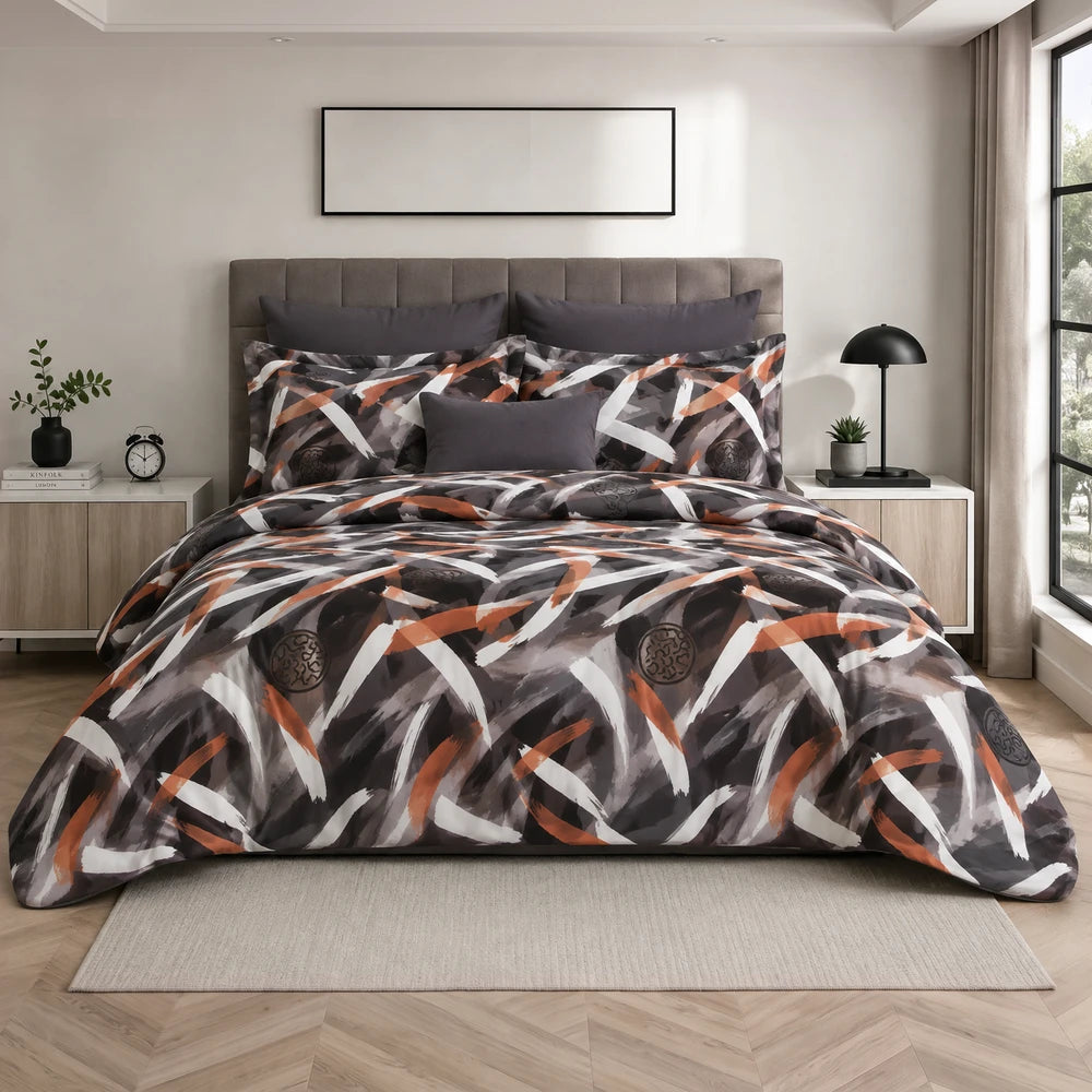 Pierre Cardin microfibre duvet cover set Reiya with abstract grey, black and orange print on duvet and pillowcases