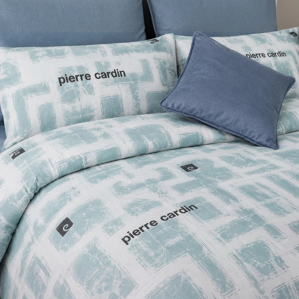 Pierre Cardin Microfibre Duvet Cover Set in teal Geo Brushstroke pattern with matching pillowcase