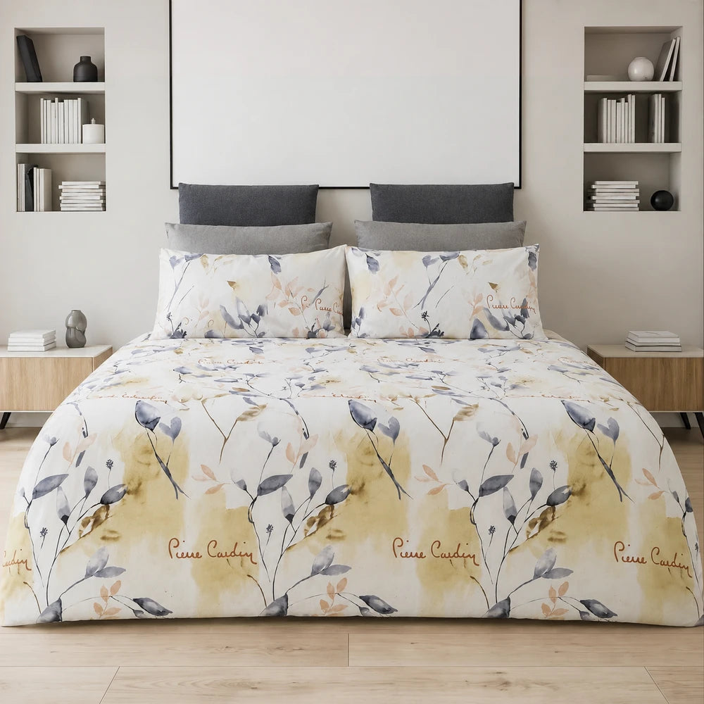 Pierre Cardin microfibre duvet cover set Peyton with cream botanical leaf pattern in beige and gray