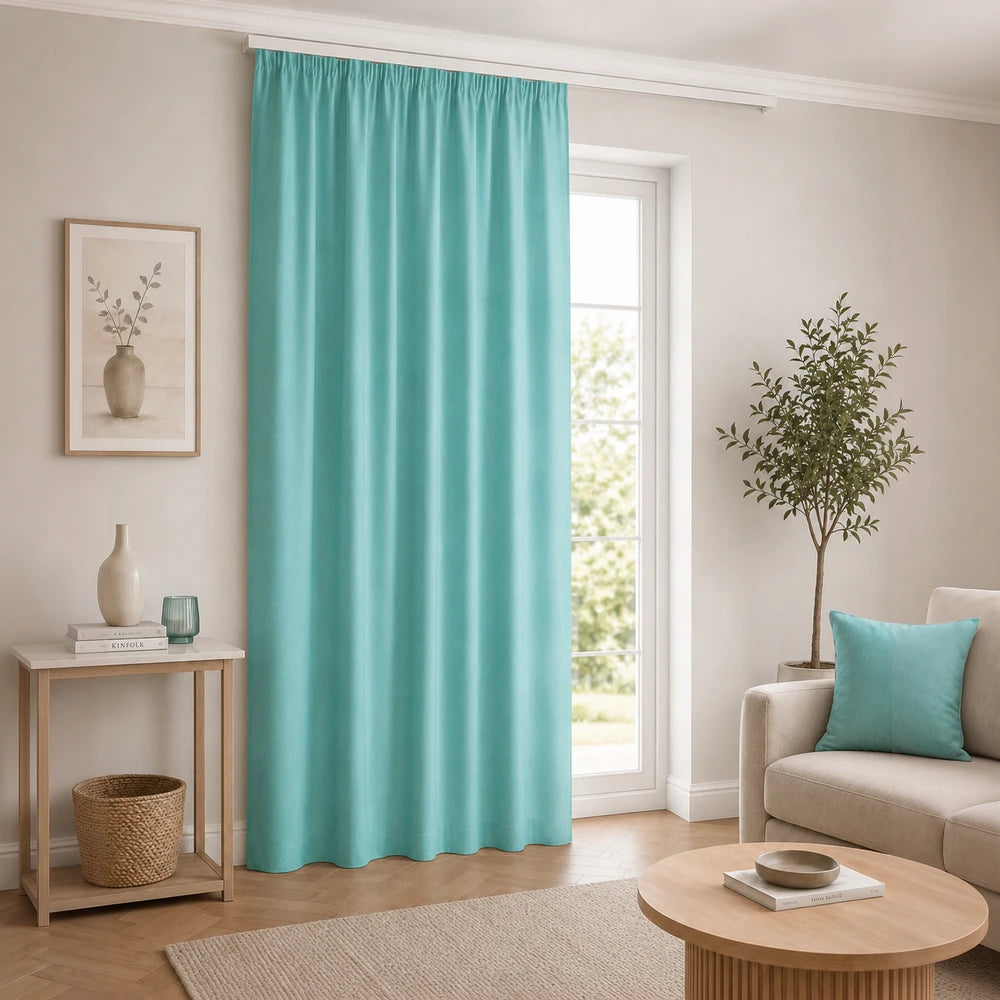 Pierre Cardin microlinen lined taped curtain in turquoise with a soft drape and contemporary room styling.