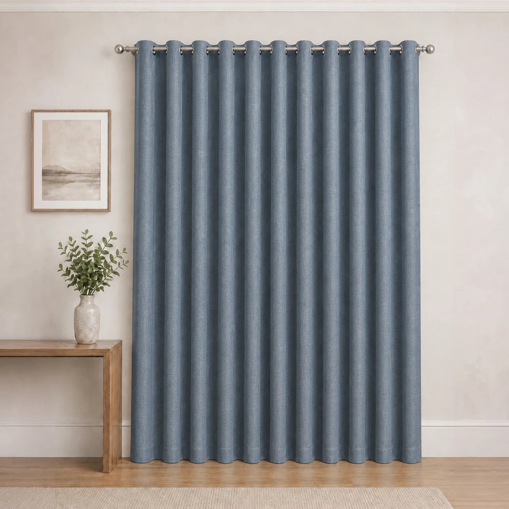 Pierre Cardin Microlinen Eyelet Lined Curtain in blue with metal grommets, a soft textured linen look for modern windows.
