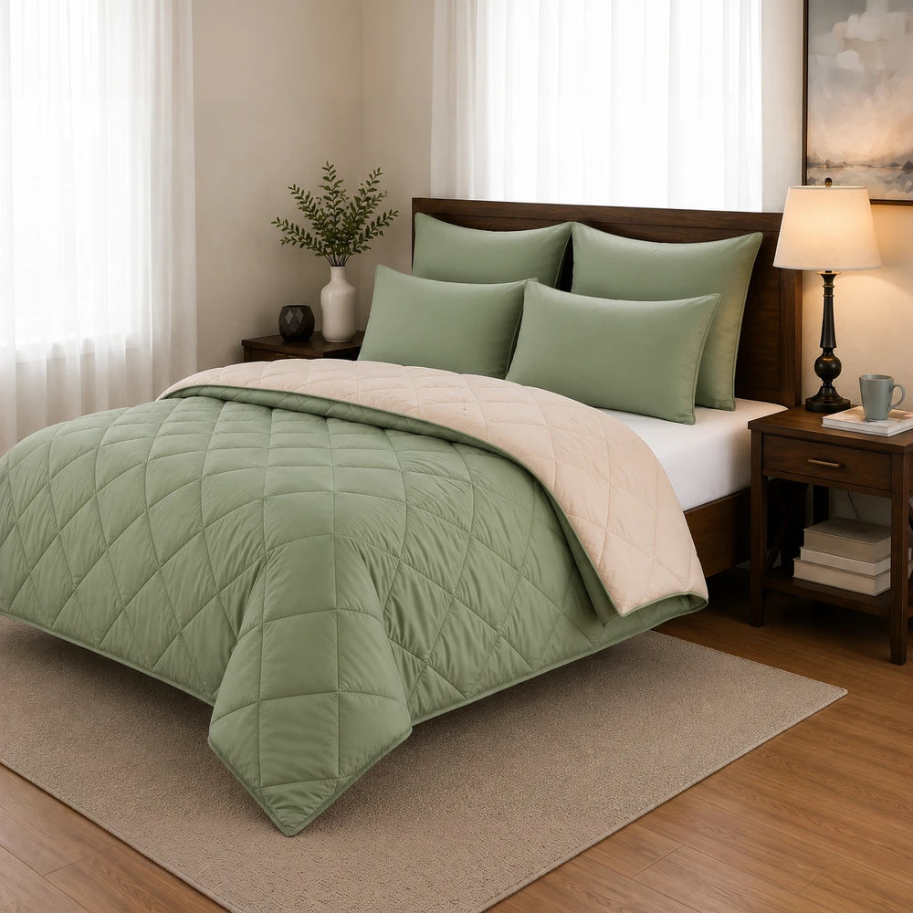5Pc Pierre Cardin Monochrome Reversible Comforter set in sage green with beige reverse; quilted design with coordinating