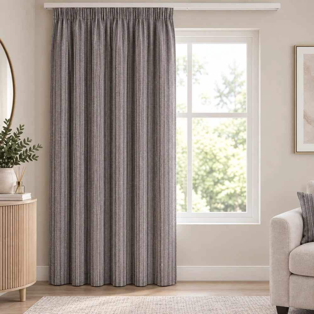 Pierre Cardin Taped Lined Curtain - Quarry in gray textured fabric with taped header, ideal for window privacy and light
