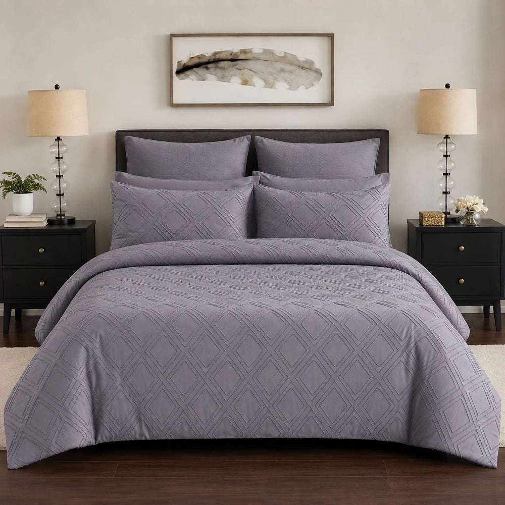 Pierre Cardin Trufted Stripe Duvet Cover in lavender-gray with a geometric quilted pattern.