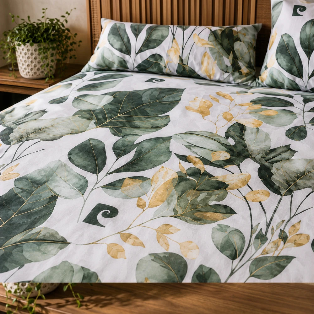 Pierre Cardin Vogue Duvet Cover Set - Luella Leaves, green and gold botanical print on white background, duvet cover and