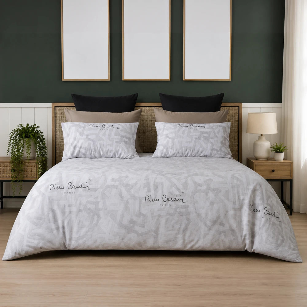 Pierre Cardin Vogue Duvet Cover Set - Jada in light gray with a subtle geometric pattern and matching pillowcases for a