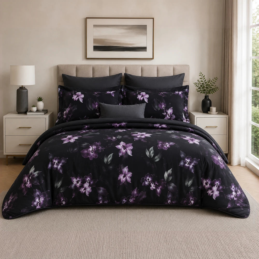 Pierre Cardin Vogue Duvet Cover Set in noir botanical with a purple floral pattern on a black background, includes matching