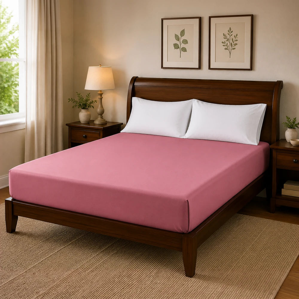 Pink microfibre fitted sheet on a wooden bed with white pillows, highlighting smooth, wrinkle-resistant fabric.