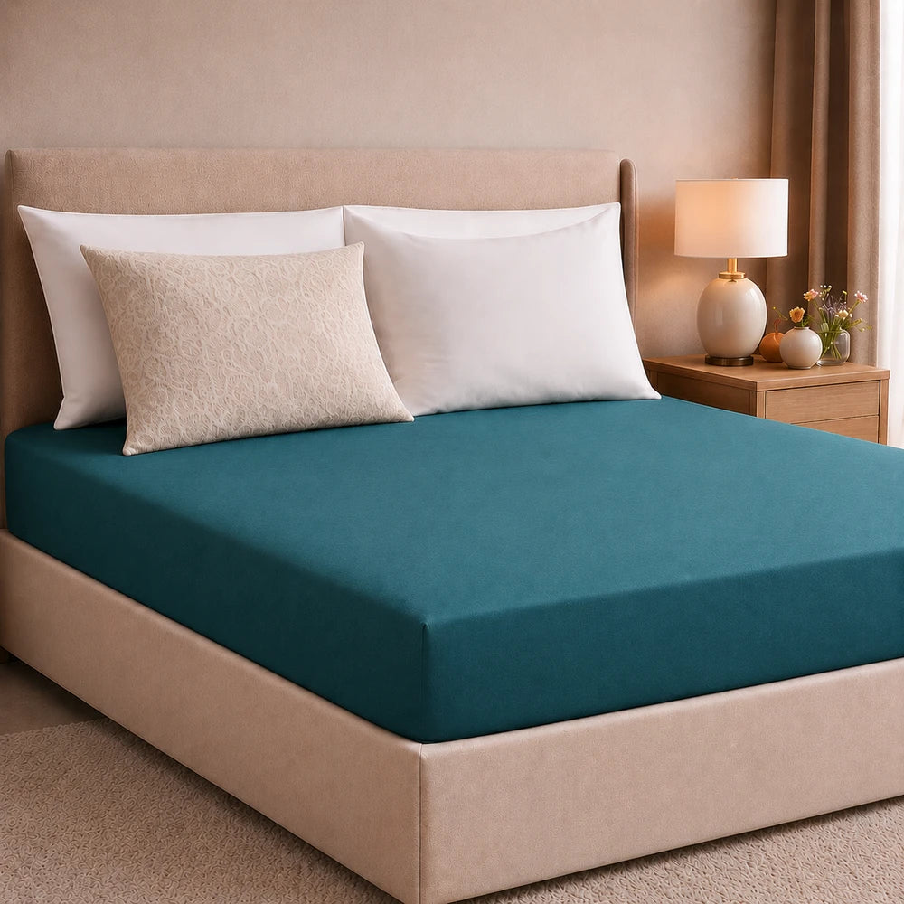 Teal plain microfibre fitted sheet on a bed, highlighting soft fabric and snug elastic fit.