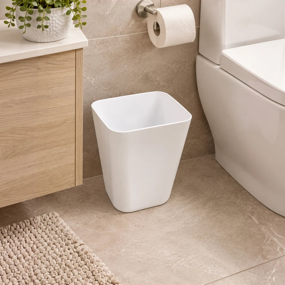 White plastic square dustbin for bathroom use with smooth rounded edges and open top