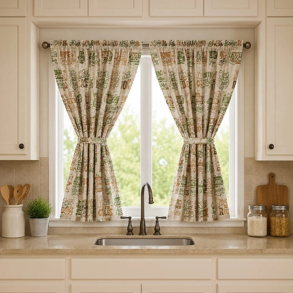 2-Piece Polycafe kitchen curtain set with tiebacks in beige coffee-themed print; pair of neutral kitchen drapes for windows.