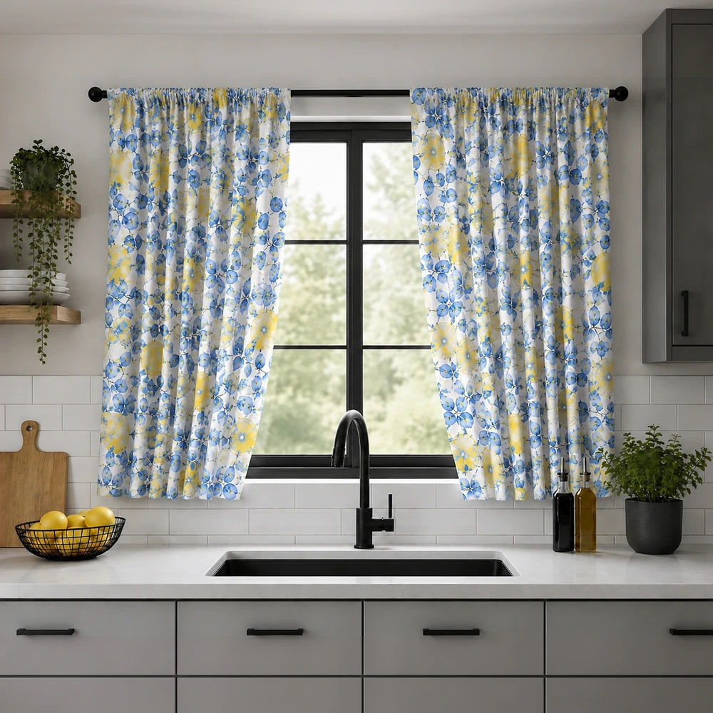 2-Piece Polycafe kitchen curtain set with tiebacks in blue and yellow floral pattern, designed for standard windows in