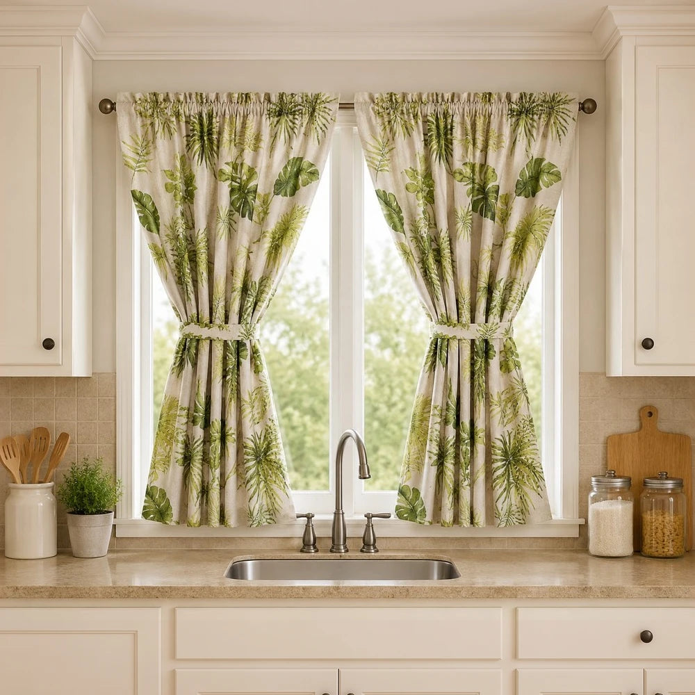 2-Piece Polycafe Kitchen Curtain Set with Tiebacks featuring green palm leaf pattern on cream backdrop for kitchen window