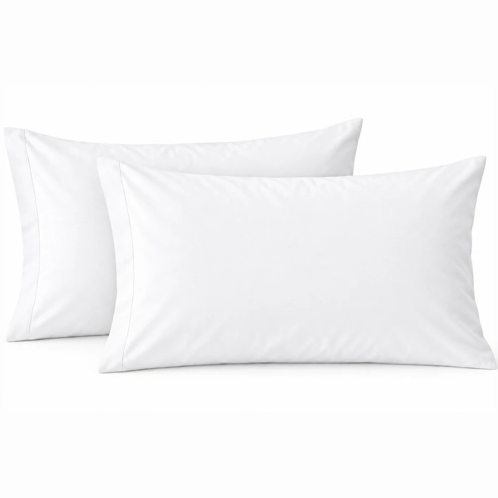 Polycotton 132TC standard pillowcases, set of 2 in white, smooth cotton-poly blend for everyday use.