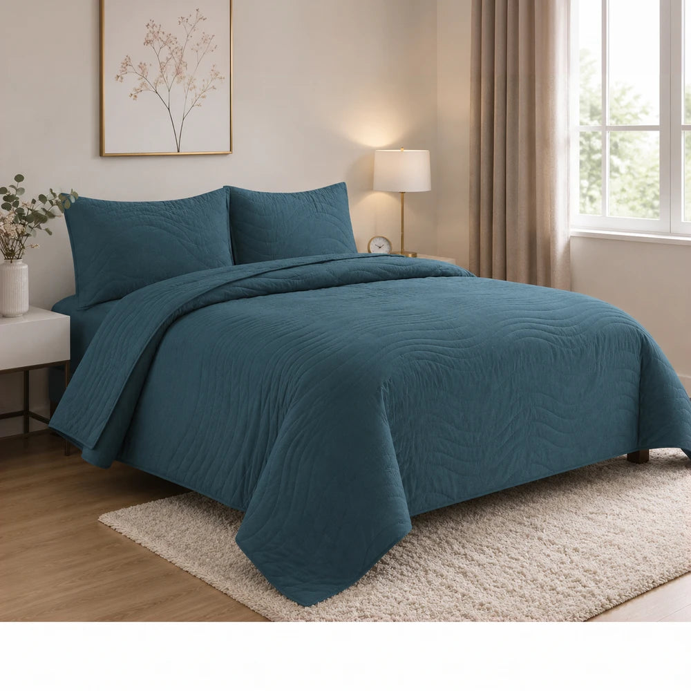 Premium Carducci Wave Pattern 100% Cotton Quilt Set in teal blue with quilted wave stitching for a cozy bedroom.