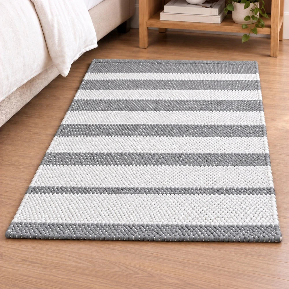 Premium Patta Chindi Rug in grey and white stripes, 50 x 80 cm, soft woven texture for living room decor