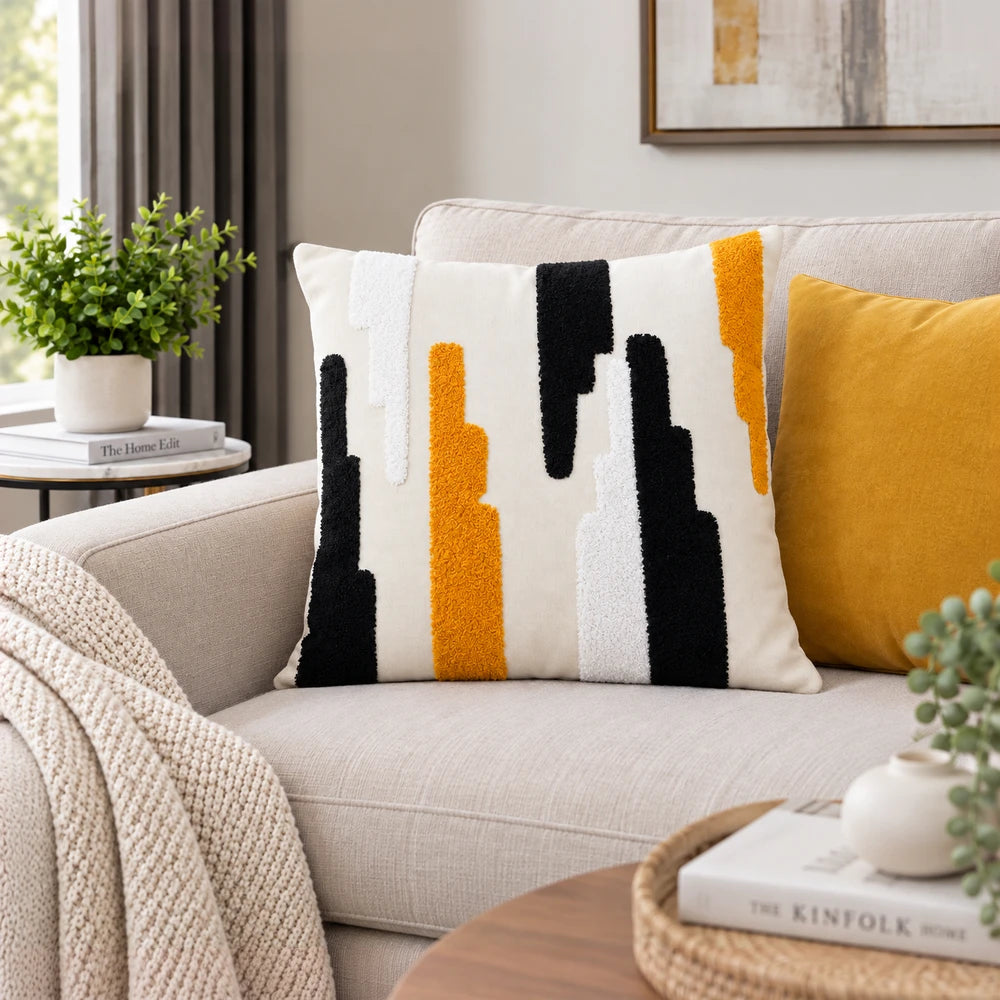 Premium polycotton scatter cushion cover with an abstract vertical stripe pattern in black, orange and white on a beige base.