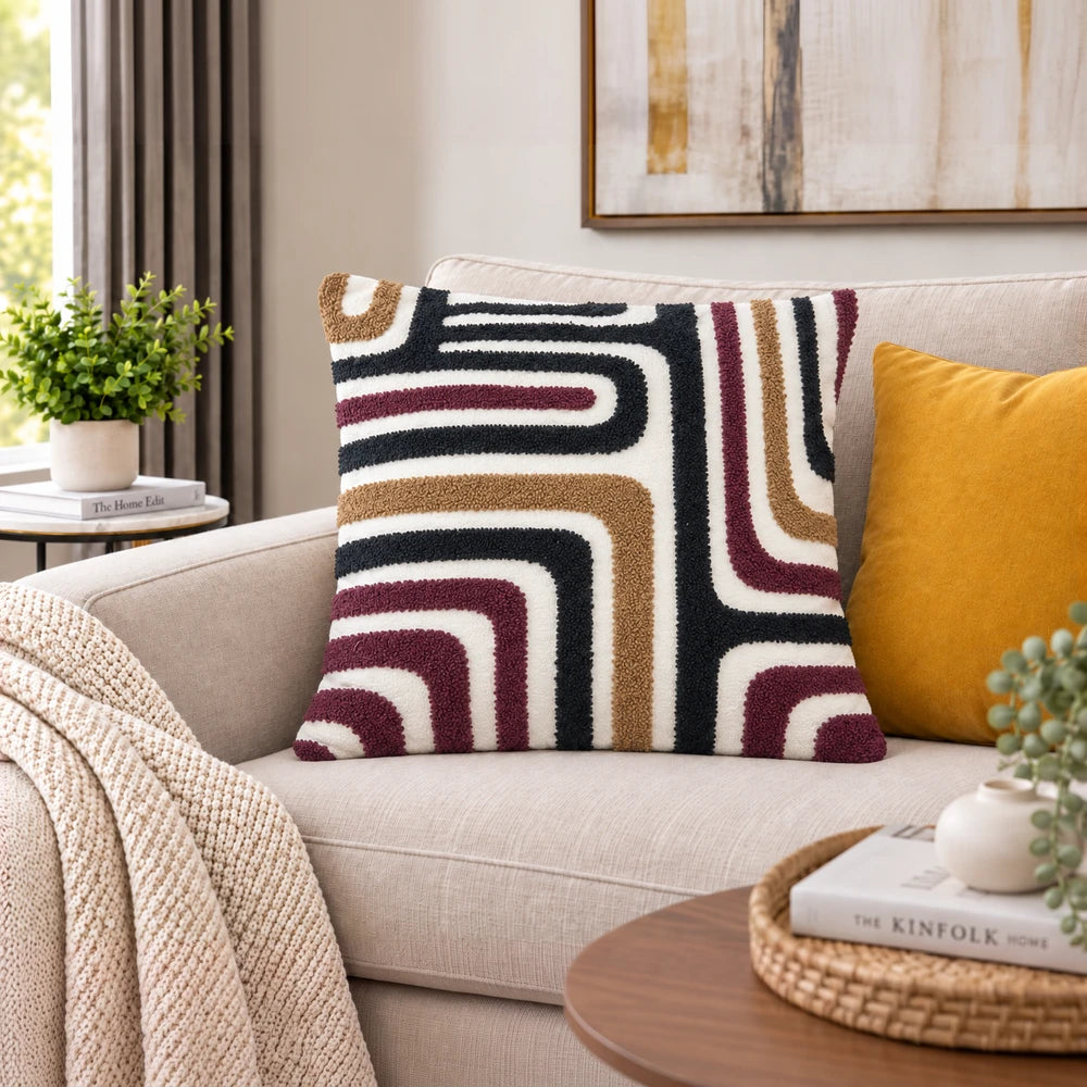 Premium polycotton scatter cushion cover with a bold geometric pattern in black, white, tan and burgundy on a beige sofa.