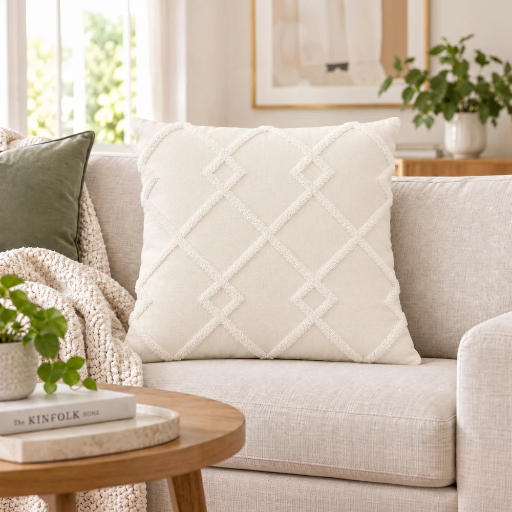 Cream Premium Polycotton Scatter Cushion Cover featuring a diamond lattice texture for soft, neutral sofa styling.
