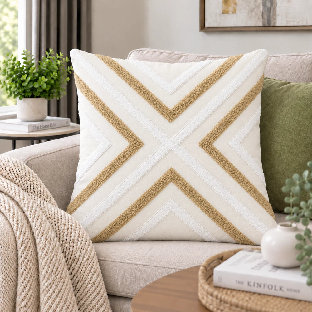 Premium polycotton scatter cushion cover in cream with gold chevron pattern, decorative pillow for sofa.