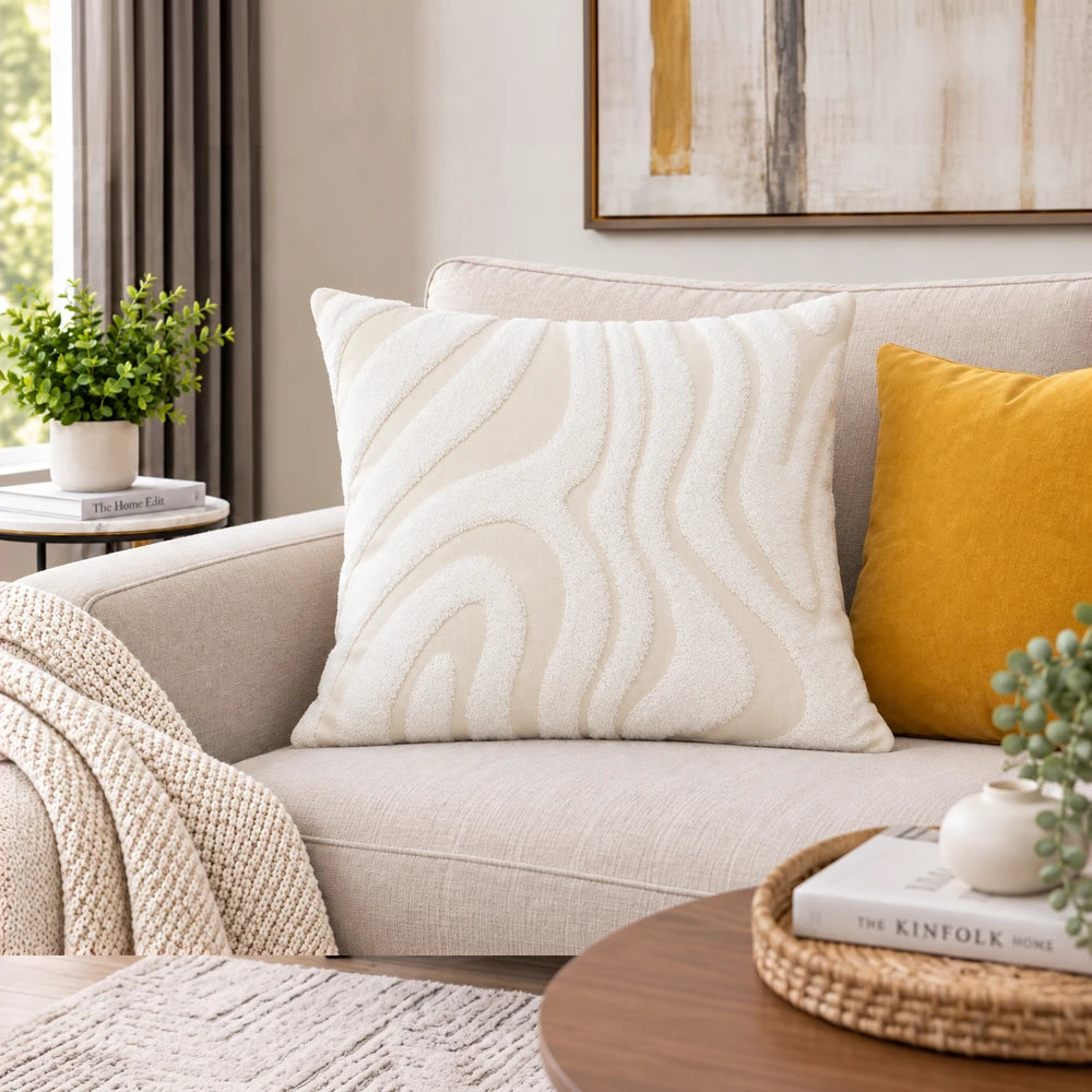 Premium polycotton scatter cushion cover in ivory with a textured wave pattern for a cozy, neutral living room look.