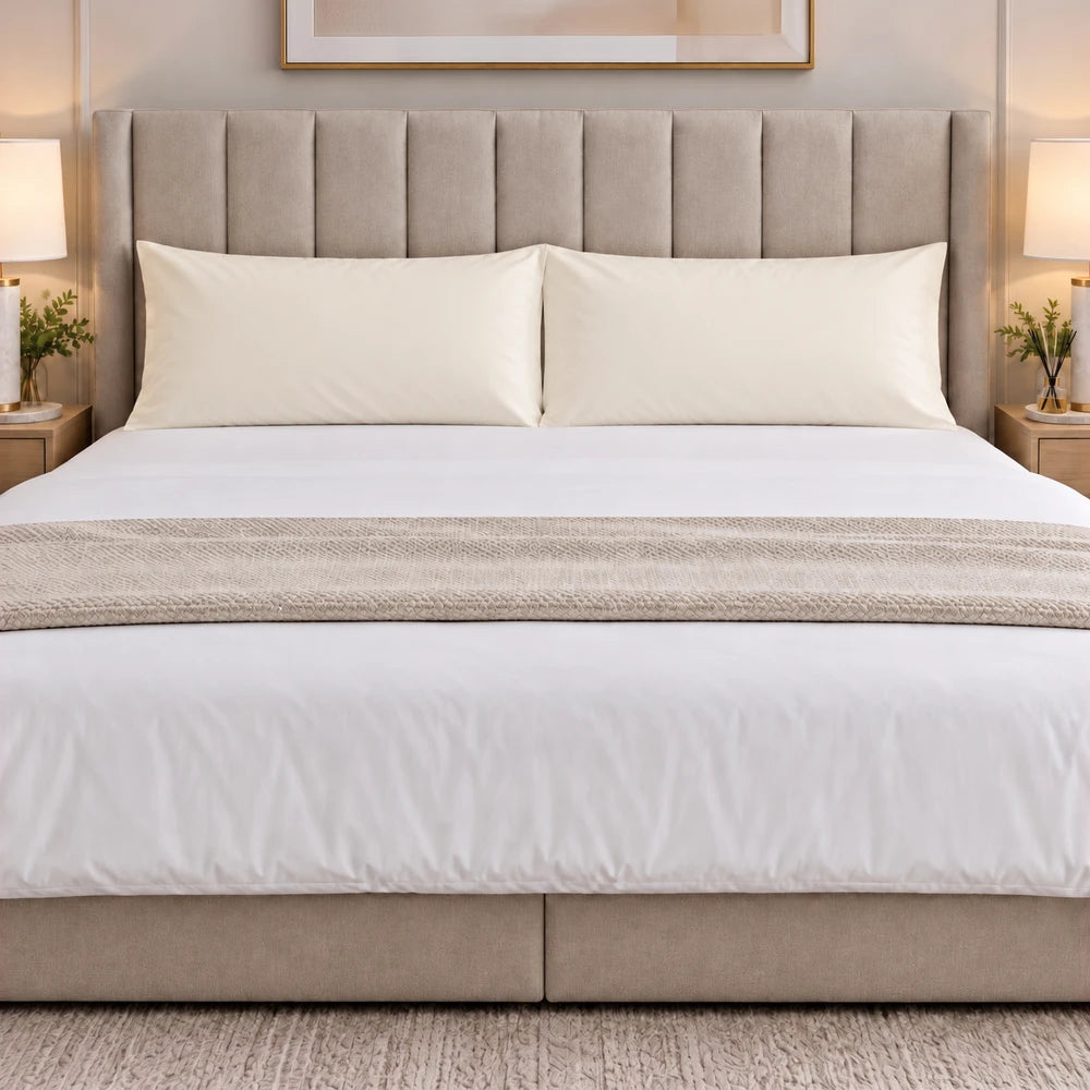Premium Soft-Touch Microfiber King Pillowcase Pack in beige on a neatly made bed with plush pillows and a cozy, inviting